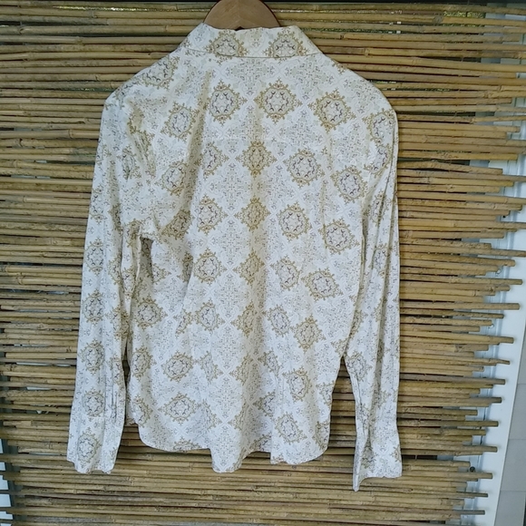 Old Navy L Royal Floral Gold Berry Collared Long Sleeved Cotton Top Workwear - Picture 7 of 8